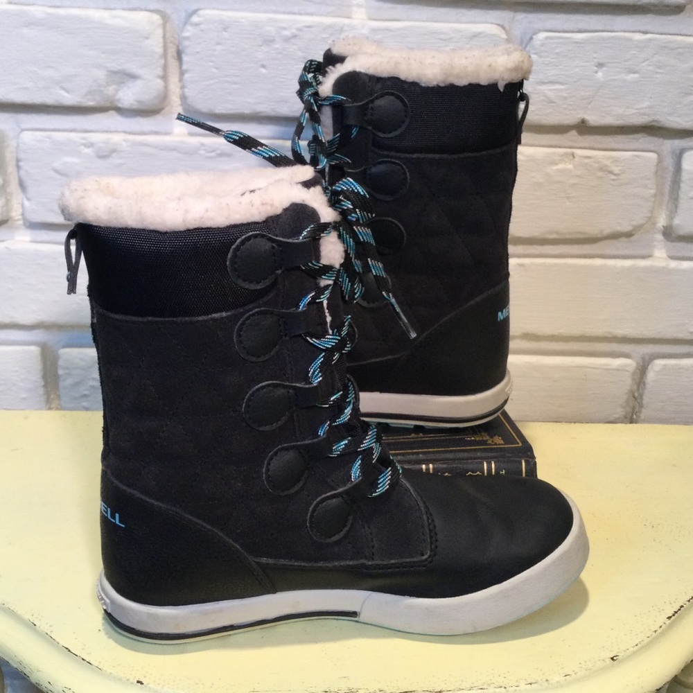 Merrell Boots little girl size 1 Heidi Leather Waterproof Black Lace Up Zip
